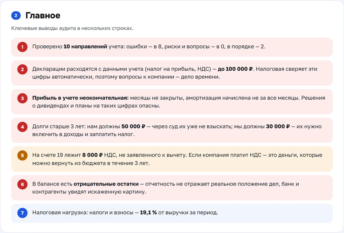 Раздел «Главное»: расхождения с декларациями, неокончательная прибыль, старые долги, НДС к вычету